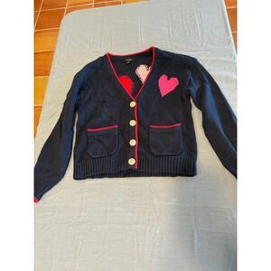 Talbots Petite Navy Blue Heart Intarsia Cardigan Gold Button Red Trim Sweater P